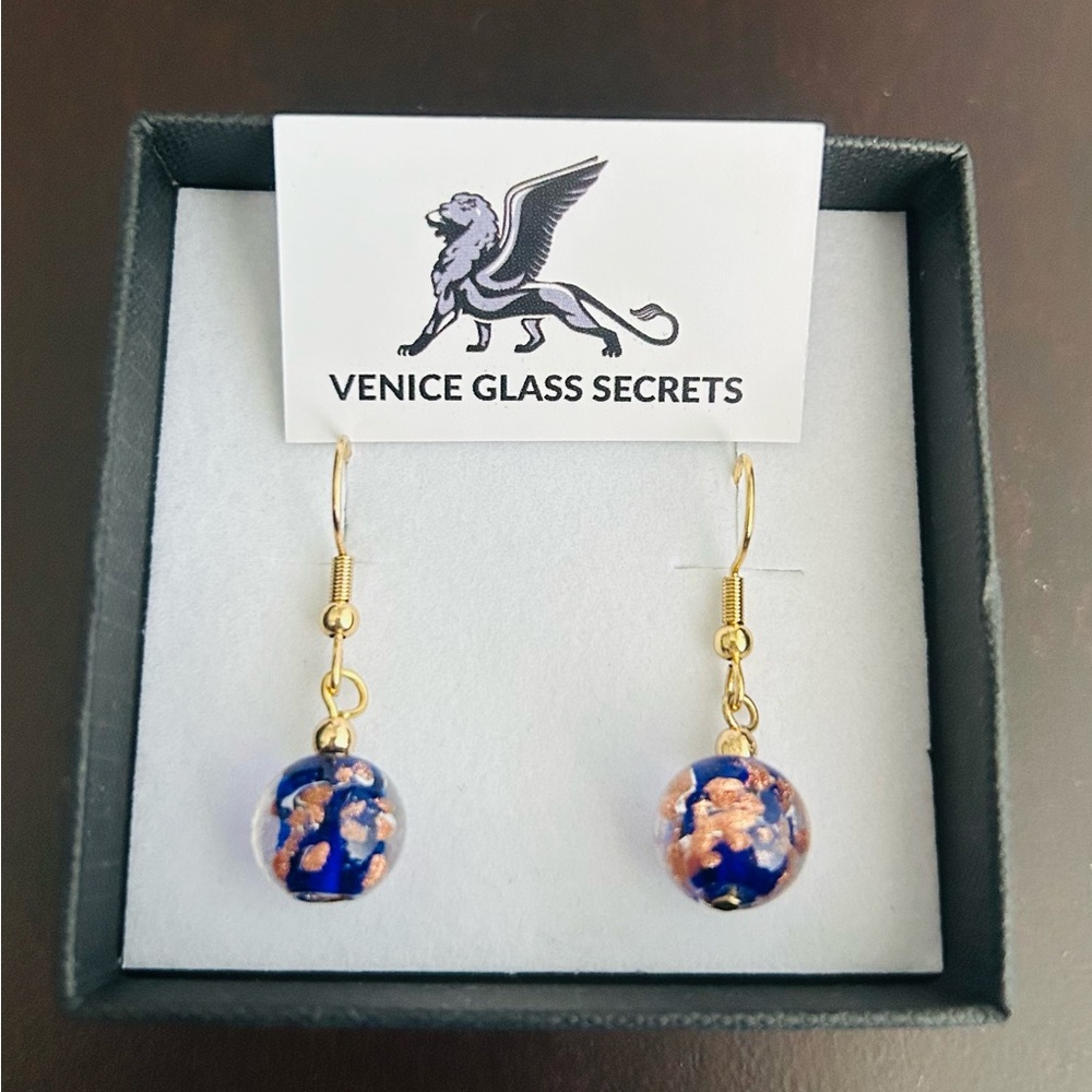 Genuine Murano Glass Blue Starlight Ball Earrings